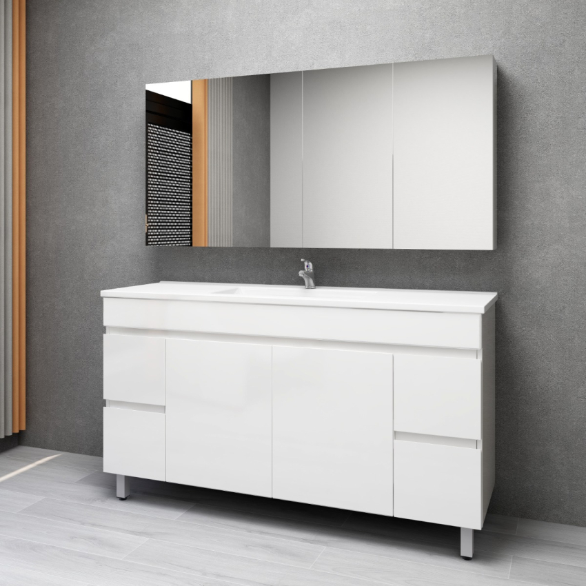 1500MM Gloss White MDF Bathroom Vanity 4 Side Drawers 2 Middle Doors Free standing Cabinet Only