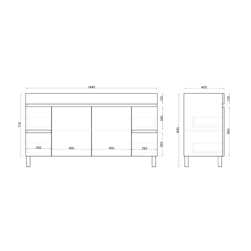 1500MM Gloss White MDF Bathroom Vanity 4 Side Drawers 2 Middle Doors Free standing Cabinet Only