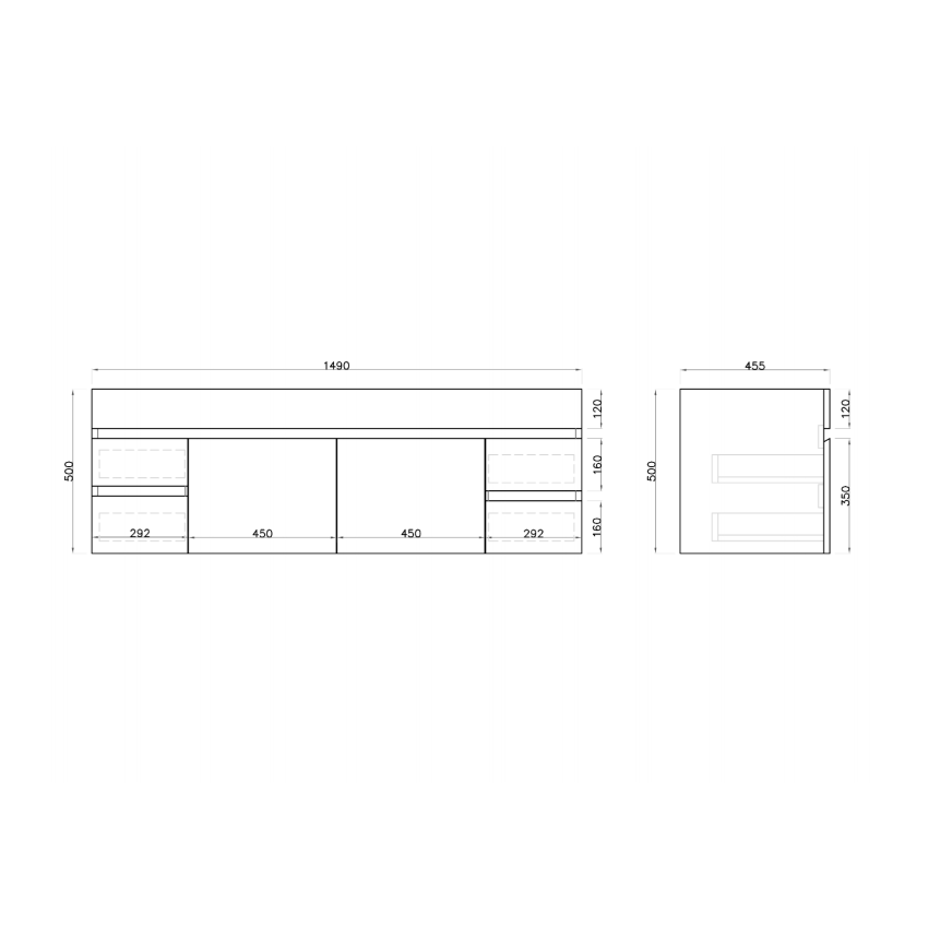 1500MM Gloss White MDF Bathroom Vanity 4 Side Drawers 2 Middle Doors Wall Hung Cabinet Only