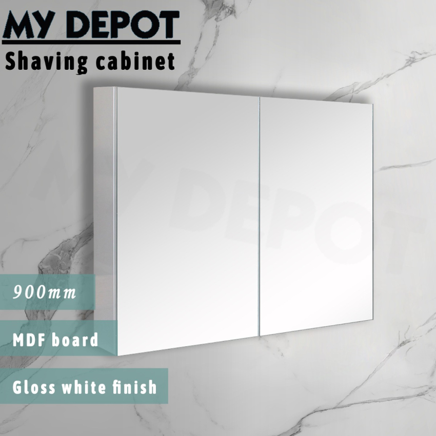 900MM Pencil Edge Gloss White MDF Shaving Cabinet 2 Doors