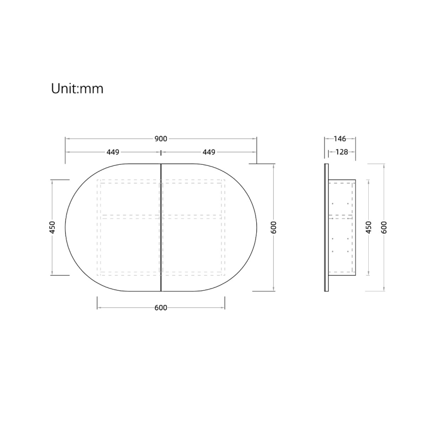 900x600mm Oval Matte Black Mirror Cabinet MDF 2/DR Shaving Cabinet