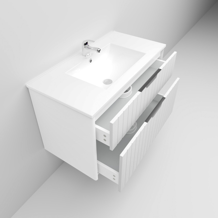 900mm Wall Hung Grooved Bathroom Vanity Matte White Finish 2 PAC Coating MDF Board Cabinet Only 