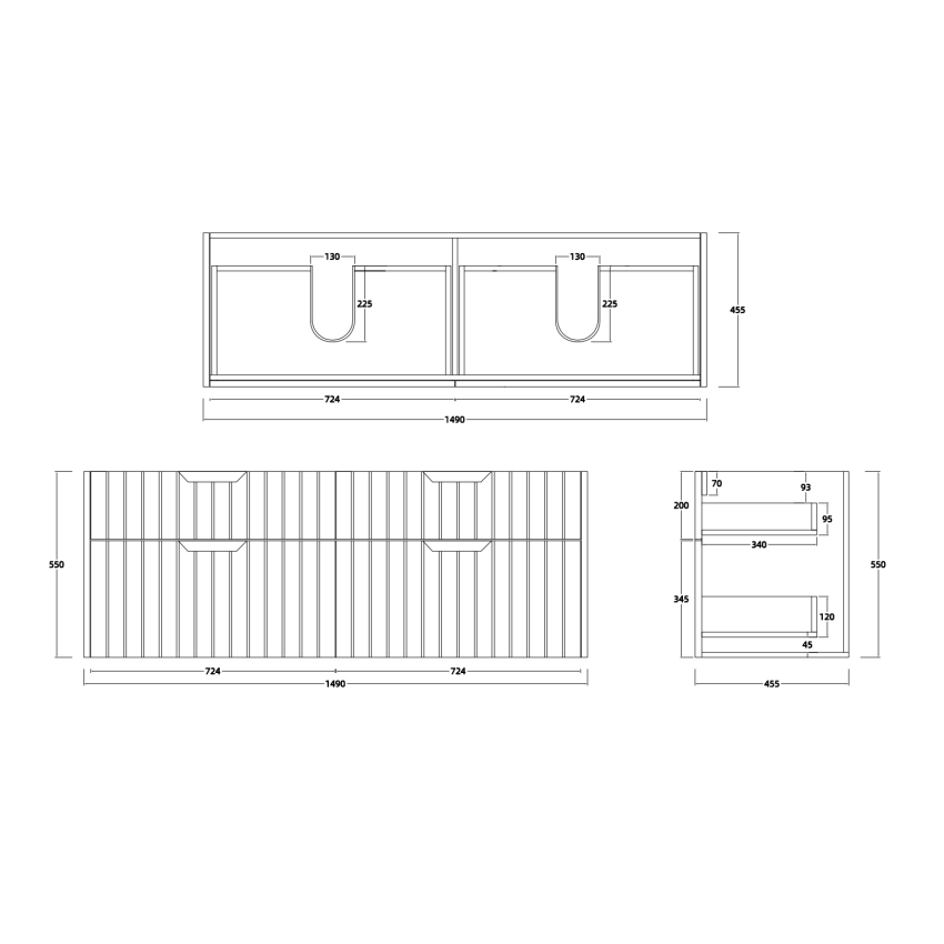 1500mm Wall Hung Grooved Bathroom Vanity Matte White Finish 2 PAC Coating MDF Board Cabinet Only 