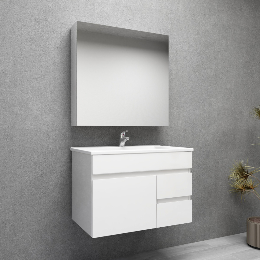 750MM Gloss White PVC Bathroom Vanity Right Drawers Wall Hung Cabinet Only 