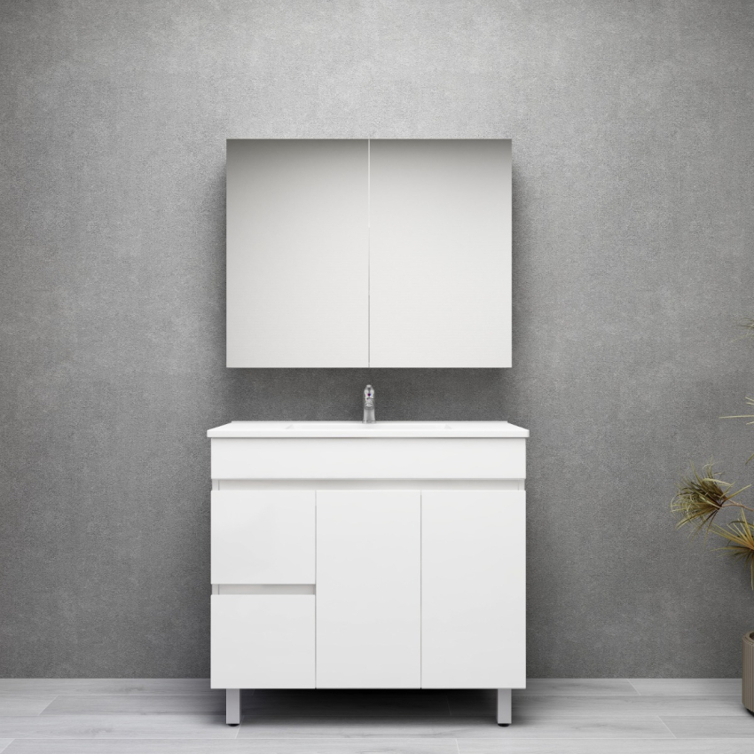 900MM Gloss White PVC Bathroom Vanity Left Drawers Free standing Cabinet Only