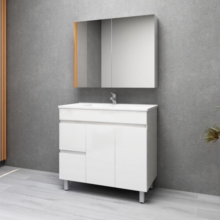 900MM Gloss White PVC Bathroom Vanity Left Drawers Free standing Cabinet Only