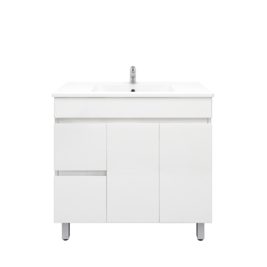 900MM Gloss White PVC Bathroom Vanity Left Drawers Free standing Cabinet Only