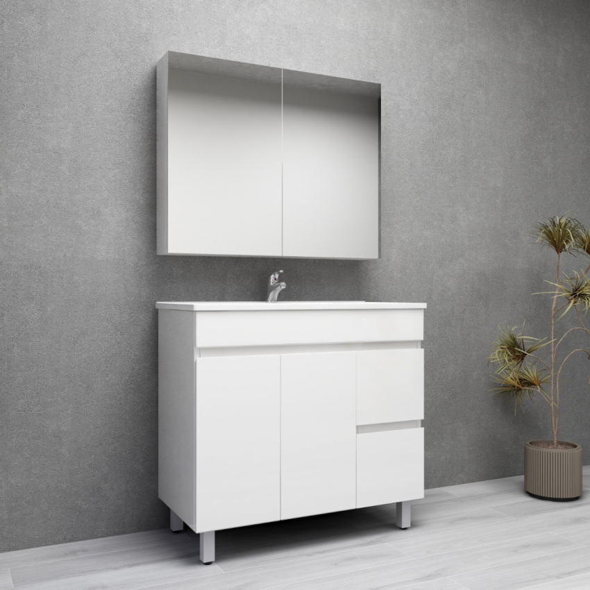 900MM Gloss White PVC Bathroom Vanity Right Drawers Free standing Cabinet Only