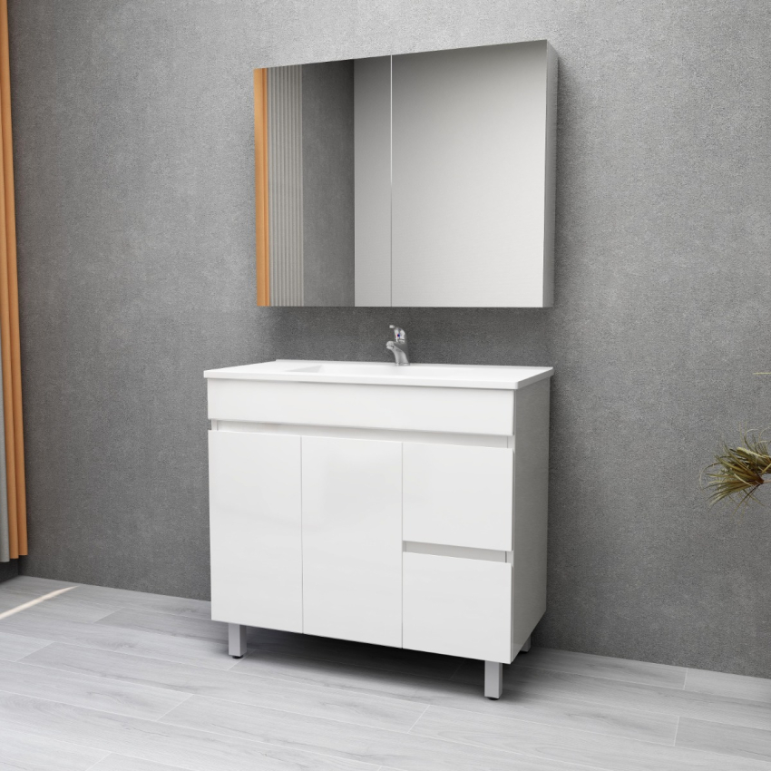 900MM Gloss White PVC Bathroom Vanity Right Drawers Free standing Cabinet Only