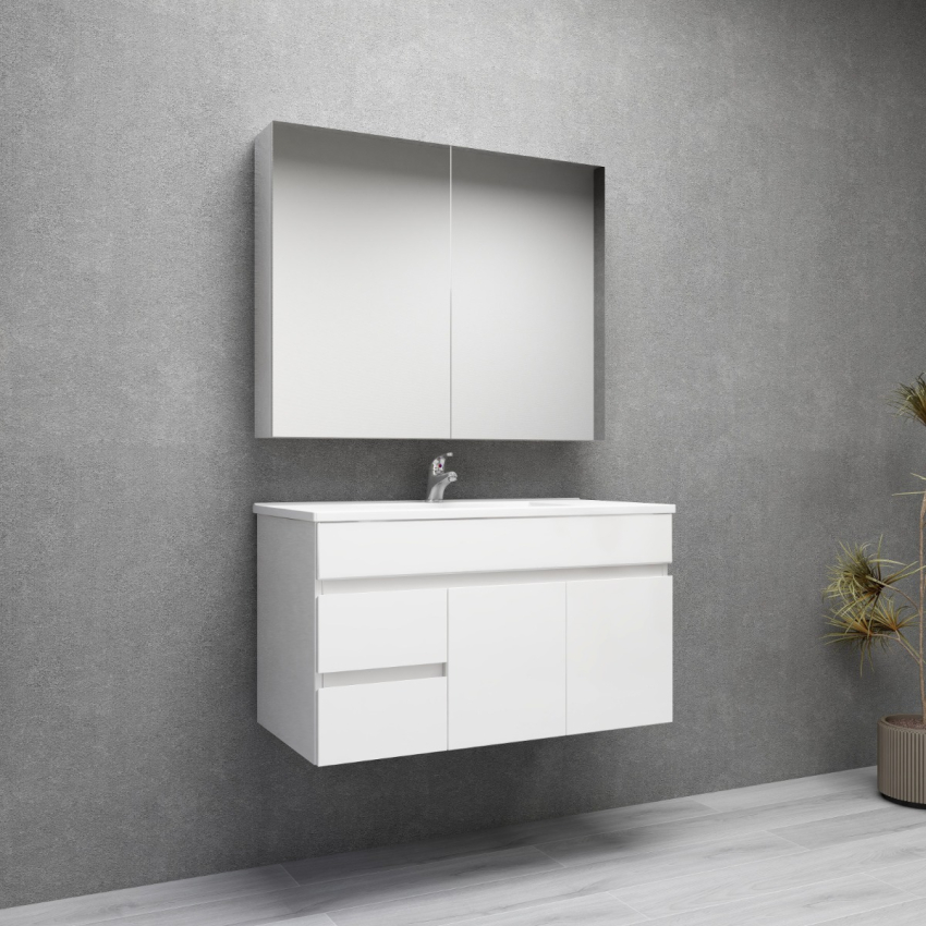 900MM Gloss White PVC Bathroom Vanity Left Drawers Wall Hung Cabinet Only