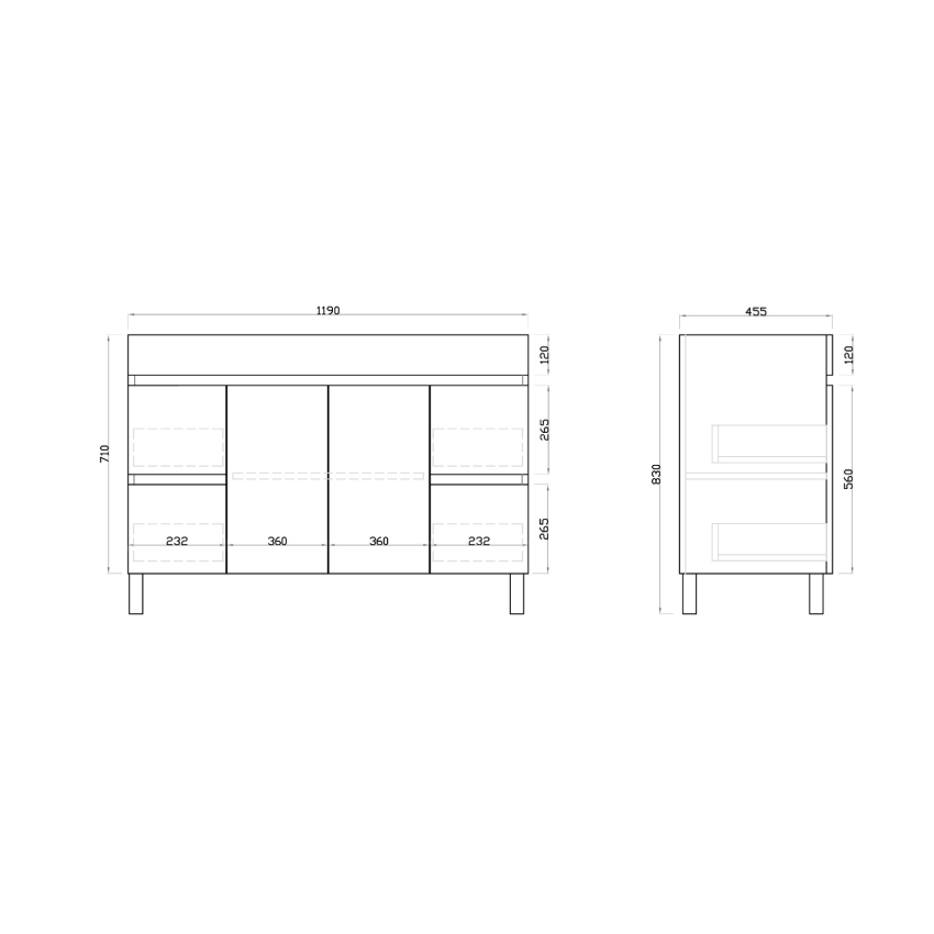 1200MM Gloss White PVC Bathroom Vanity 4 Side Drawers 2 Middle Doors Free standing Cabinet Only