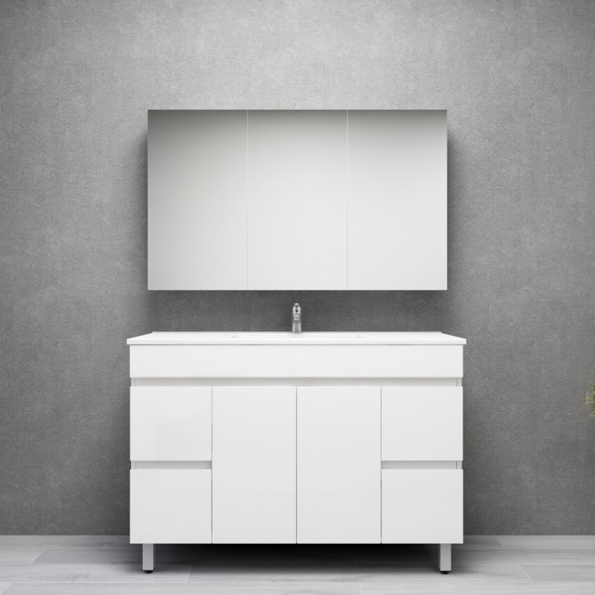 1200MM Gloss White PVC Bathroom Vanity 4 Side Drawers 2 Middle Doors Free standing Cabinet Only