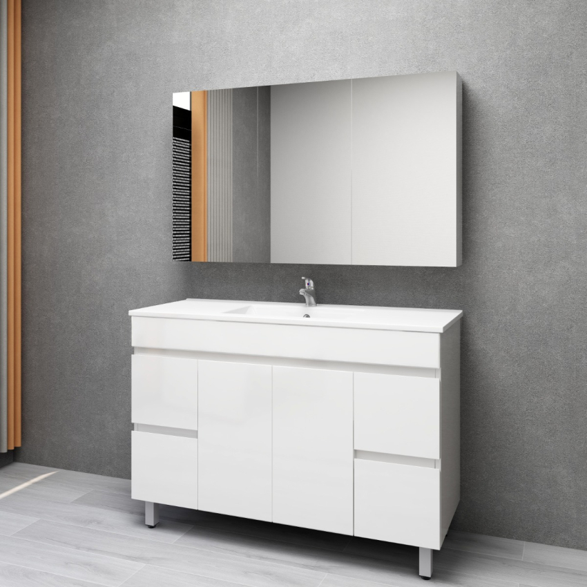 1200MM Gloss White PVC Bathroom Vanity 4 Side Drawers 2 Middle Doors Free standing Cabinet Only