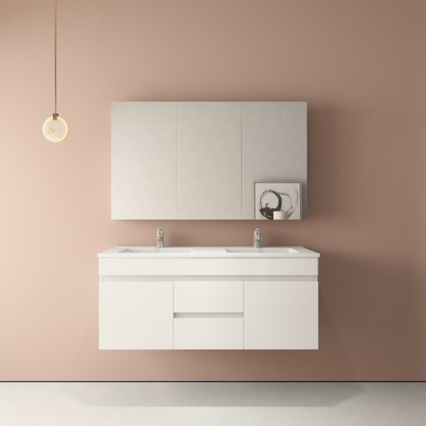 1200MM Gloss White PVC Bathroom Vanity 2 Middle Drawers 2 Side Doors Wall Hung Cabinet Only