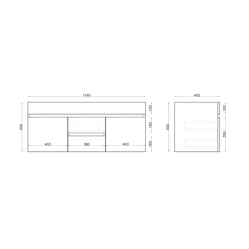 1200MM Gloss White PVC Bathroom Vanity 2 Middle Drawers 2 Side Doors Wall Hung Cabinet Only