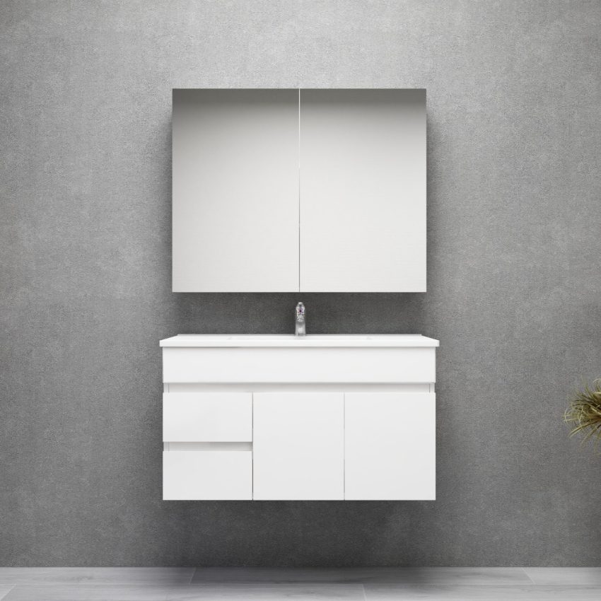 900MM Narrow Gloss White PVC Bathroom Vanity Wall Hung 2 Left Drawers 2 Right Doors Cabinet Only