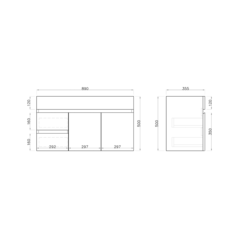 900MM Narrow Gloss White PVC Bathroom Vanity Wall Hung 2 Left Drawers 2 Right Doors Cabinet Only