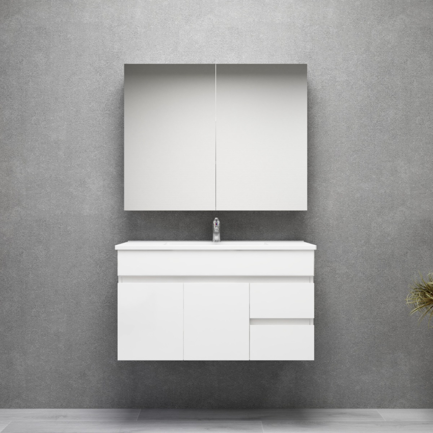 900MM Narrow Gloss White PVC Bathroom Vanity Wall Hung 2 Right Drawers 2 Left Doors Cabinet Only