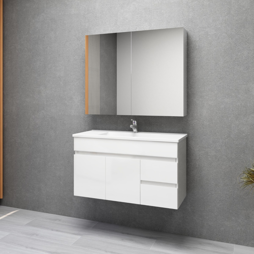 900MM Narrow Gloss White PVC Bathroom Vanity Wall Hung 2 Right Drawers 2 Left Doors Cabinet Only