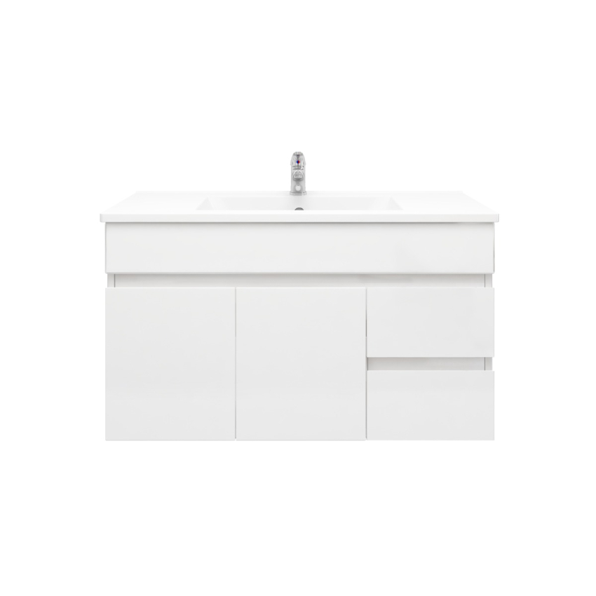 900MM Narrow Gloss White PVC Bathroom Vanity Wall Hung 2 Right Drawers 2 Left Doors Cabinet Only