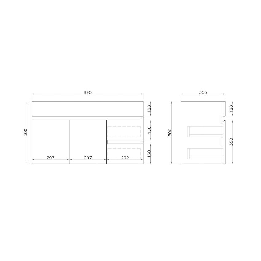 900MM Narrow Gloss White PVC Bathroom Vanity Wall Hung 2 Right Drawers 2 Left Doors Cabinet Only