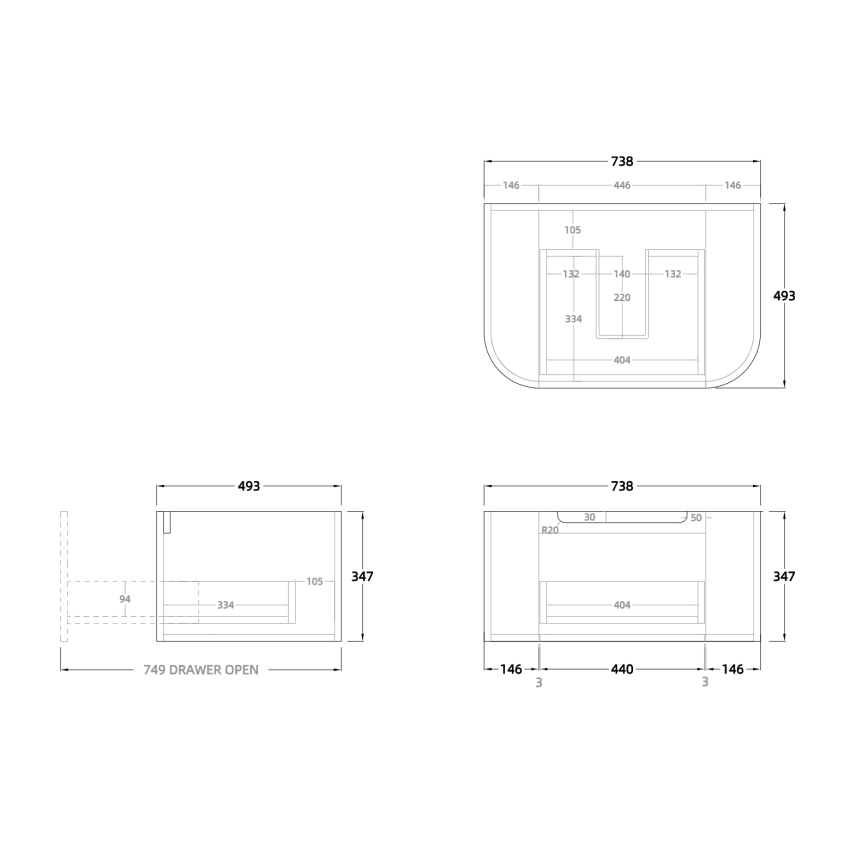 750mm Matte White 2PAC PVC 1/DW Curved Ribbed Design Wall Hung Cabinet Only 