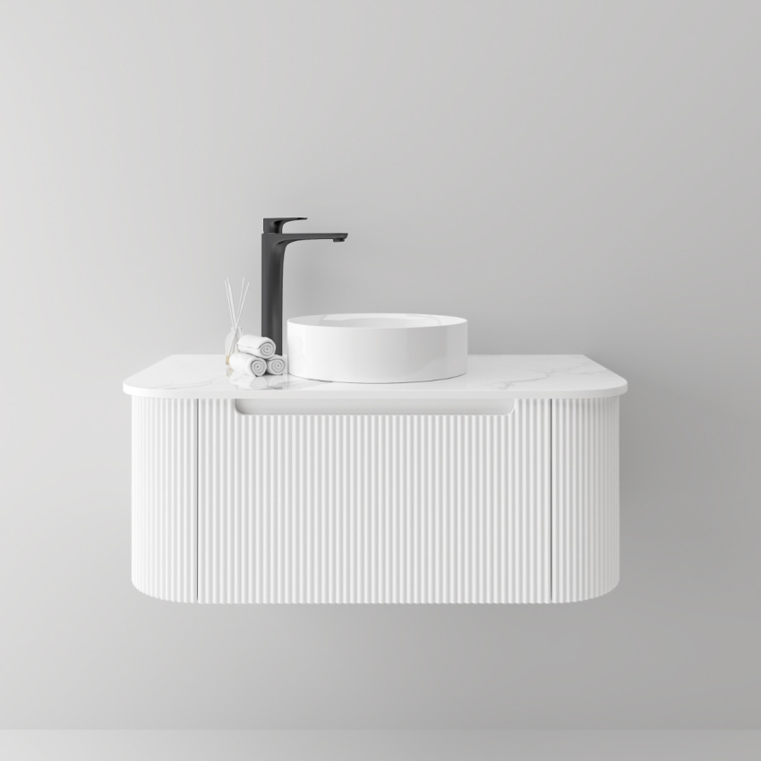 900mm Matte White 2PAC PVC 1/DW Curved Ribbed Design Wall Hung Cabinet Only 