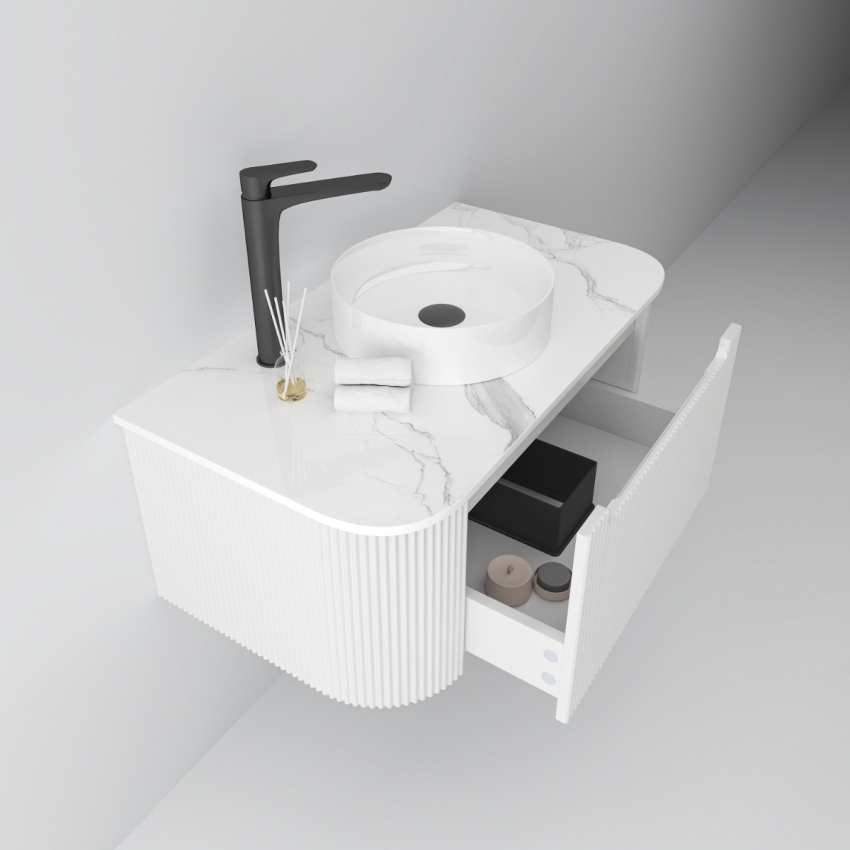 900mm Matte White 2PAC PVC 1/DW Curved Ribbed Design Wall Hung Cabinet Only 