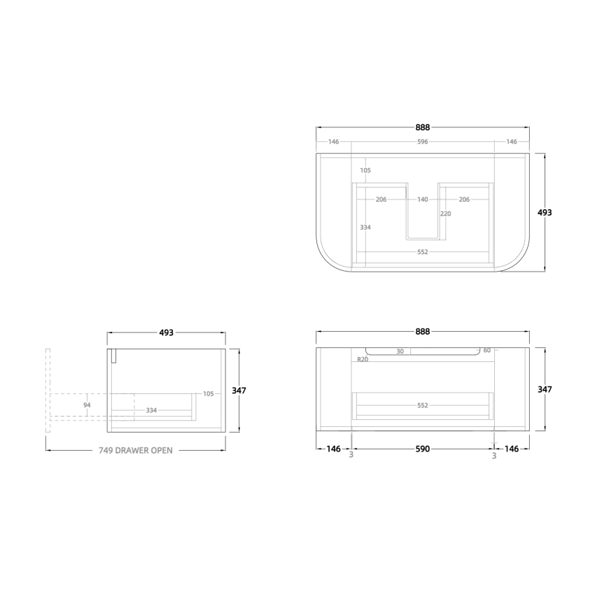 900mm Matte White 2PAC PVC 1/DW Curved Ribbed Design Wall Hung Cabinet Only 