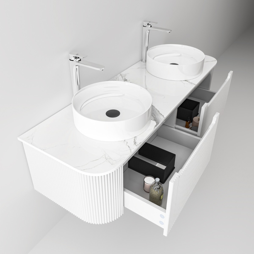 1500mm Matte White 2PAC PVC 2/DW Curved Ribbed Design Wall Hung Cabinet Only