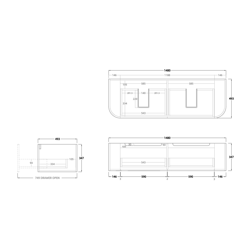 1500mm Matte White 2PAC PVC 2/DW Curved Ribbed Design Wall Hung Cabinet Only