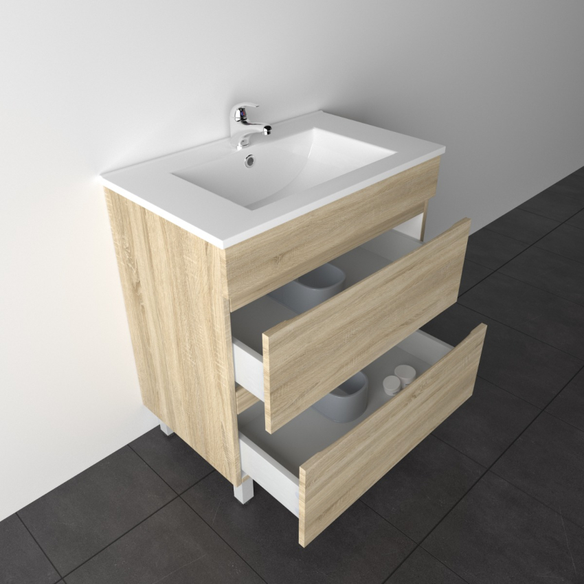 750mm White Oak MDF Bathroom Vanity 2 Drawers Free Standing Cabinet Only