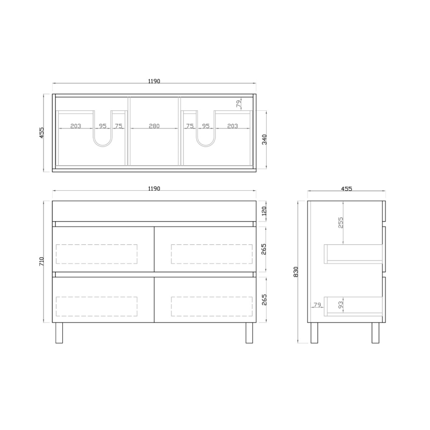 1200mm Dark Grey MDF Bathroom Vanity 4 Drawers Free Standing Cabinet Only