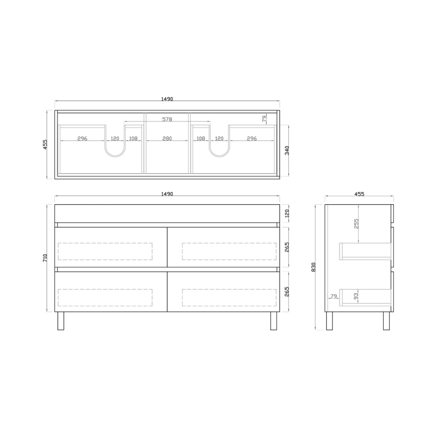 1500mm Dark Grey MDF Bathroom Vanity 4 Drawers Free Standing Cabinet Only