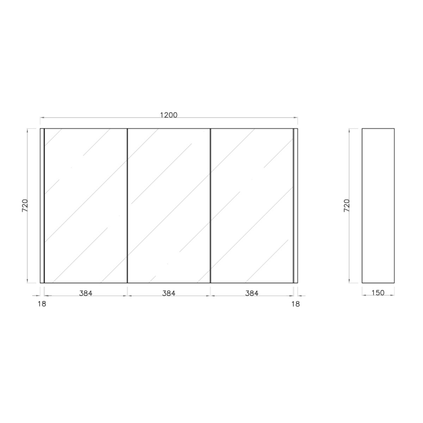 1200mm Pencil Mirror White Oak MDF 3 Doors Shaving Cabinet
