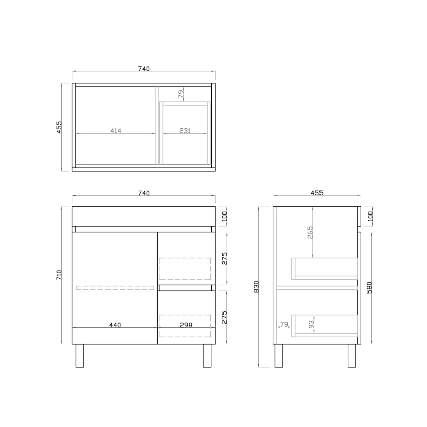 750mm Dark Grey MDF Bathroom Vanity Right Drawers Free Standing Cabinet Only