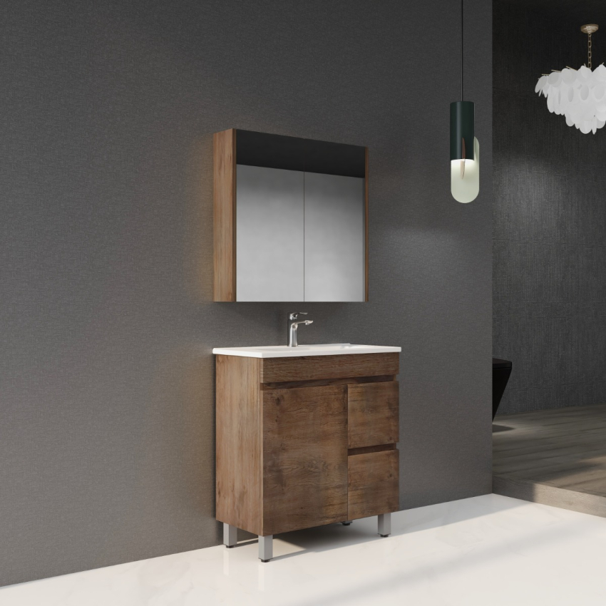 750mm Narrow Dark Oak MDF Bathroom Vanity Right Drawers Free Standing Cabinet Only