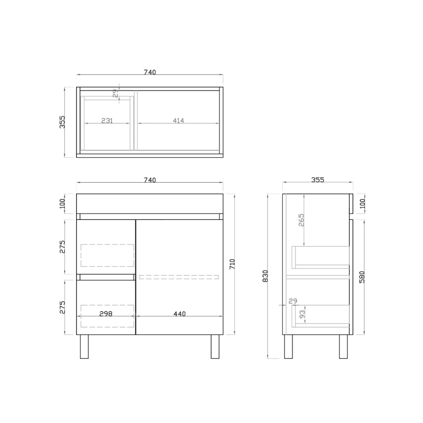 750mm Narrow Dark Grey MDF Bathroom Vanity Left Drawers Free Standing Cabinet Only
