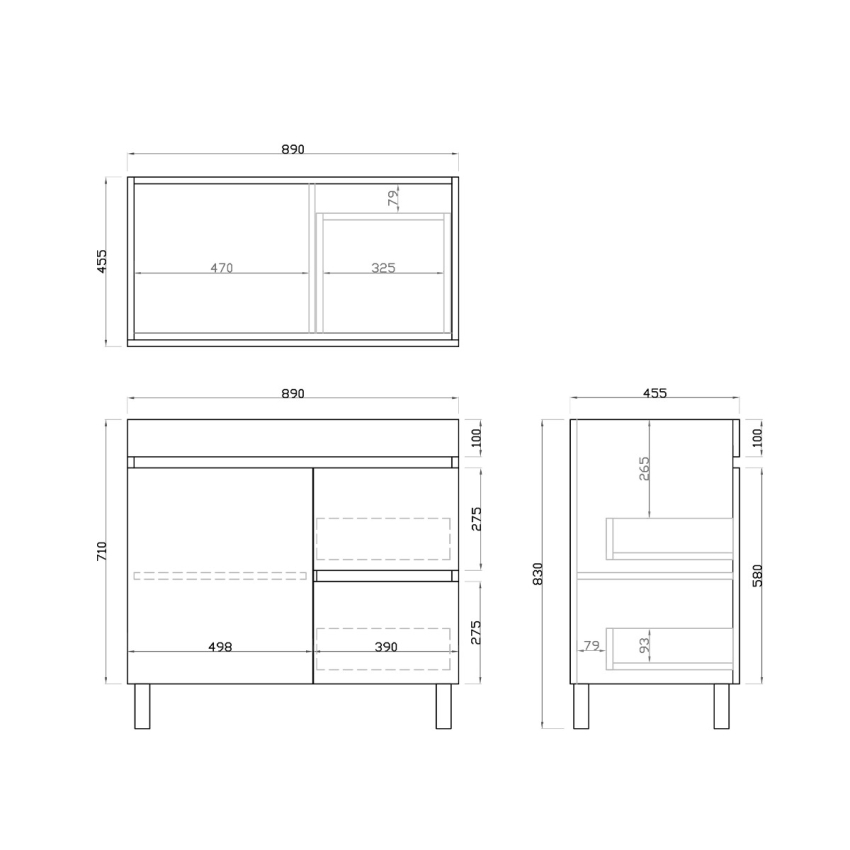 900mm White Oak MDF Bathroom Vanity Right Drawers Free Standing Cabinet Only