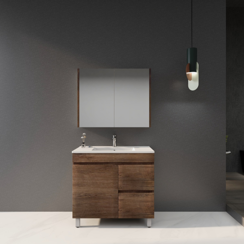 900mm Dark Oak MDF Bathroom Vanity Right Drawers Free Standing Cabinet Only