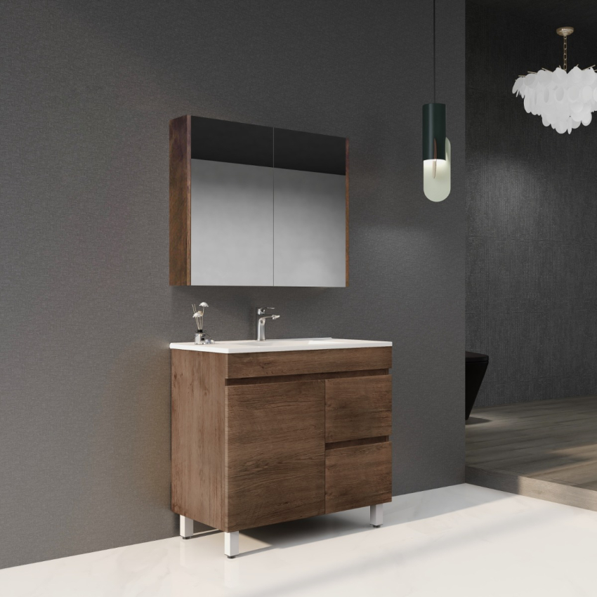900mm Dark Oak MDF Bathroom Vanity Right Drawers Free Standing Cabinet Only