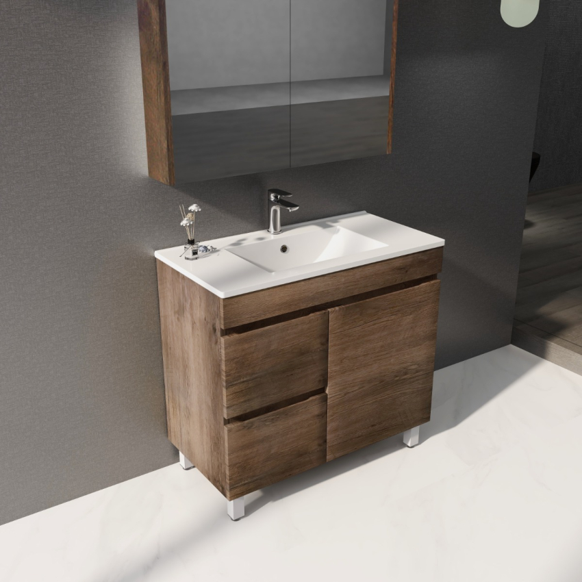 900mm Dark Oak MDF Bathroom Vanity Left Drawers Free Standing Cabinet Only