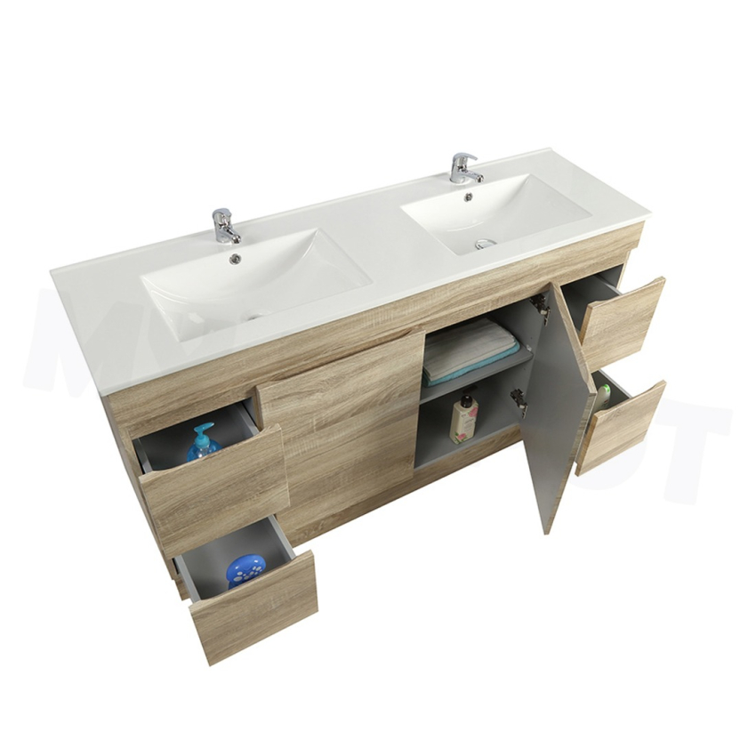 1500mm White Oak MDF Bathroom Vanity 4 Side Drawers 2 Middle Doors Free Standing Cabinet Only