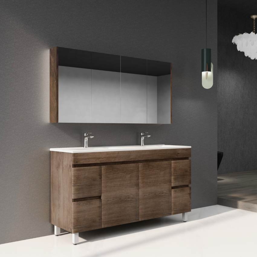 1500mm Dark Oak MDF Bathroom Vanity 4 Side Drawers 2 Middle Doors Free Standing Cabinet Only