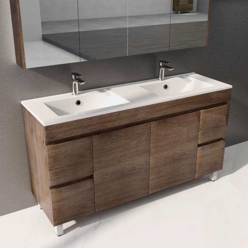 1500mm Dark Oak MDF Bathroom Vanity 4 Side Drawers 2 Middle Doors Free Standing Cabinet Only