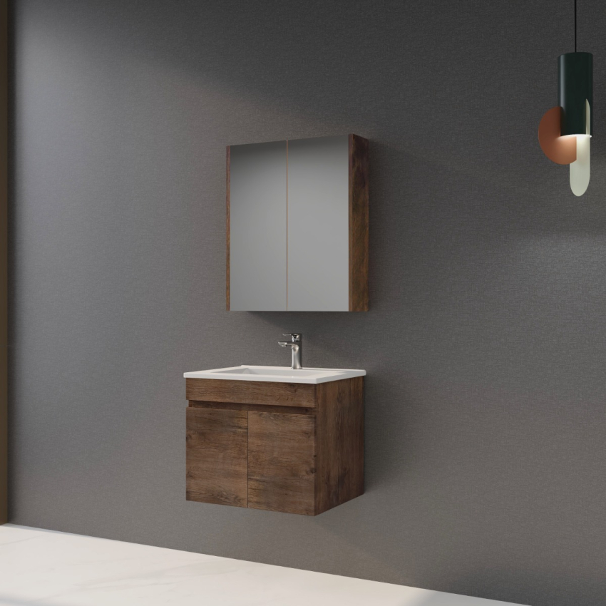 600mm Dark Oak MDF Bathroom Floating Vanity 2 Doors Wall Hung Cabinet Only for Bathroom