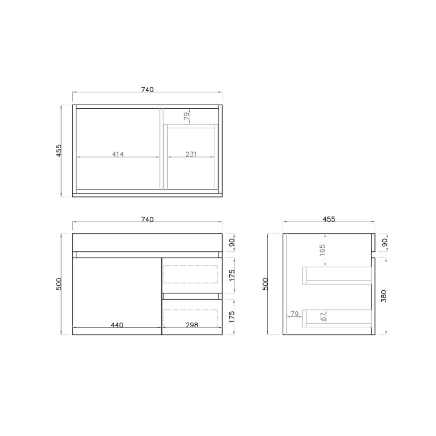 750mm Dark Grey MDF Bathroom Vanity Right Drawers Wall Hung Cabinet Only