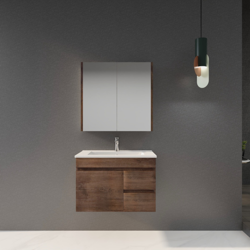 750mm Dark Oak MDF Bathroom Vanity Right Drawers Wall Hung Cabinet Only