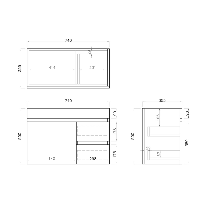 750mm Narrow White Oak MDF Bathroom Vanity Right Drawers Wall Hung Cabinet Only