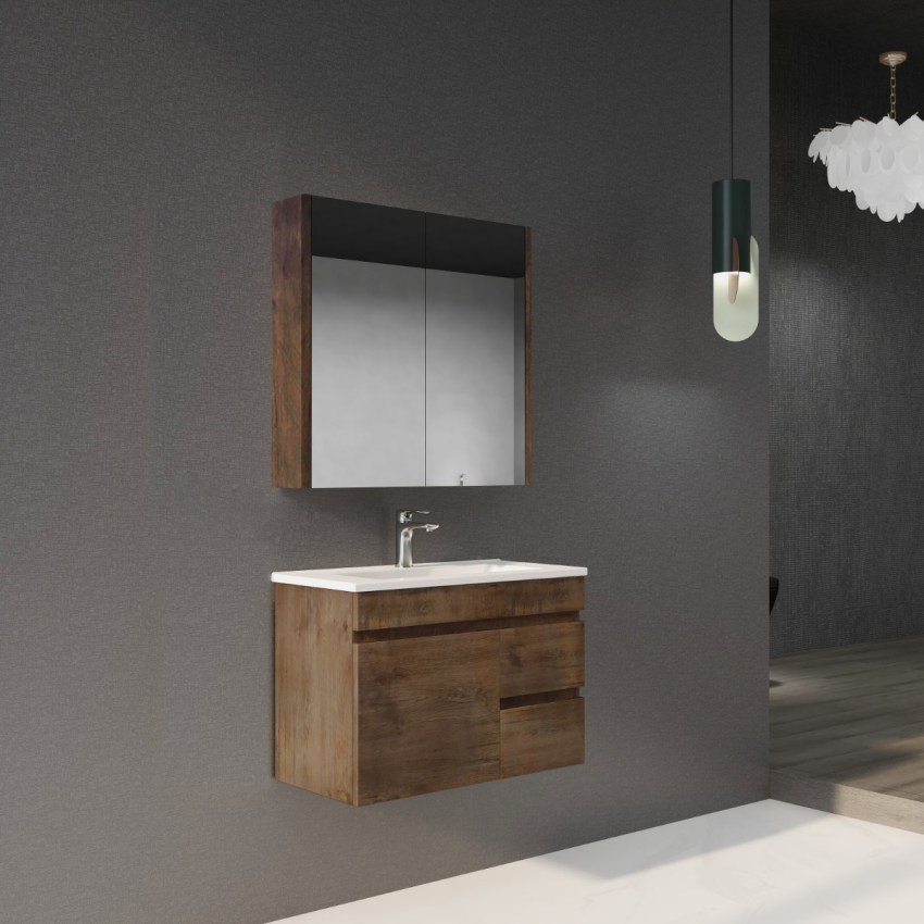 750mm Narrow Dark Oak MDF Bathroom Vanity Right Drawers Wall Hung Cabinet Only